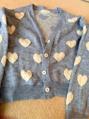 Blue Heart Puffy Pattern Cardigan Sweater